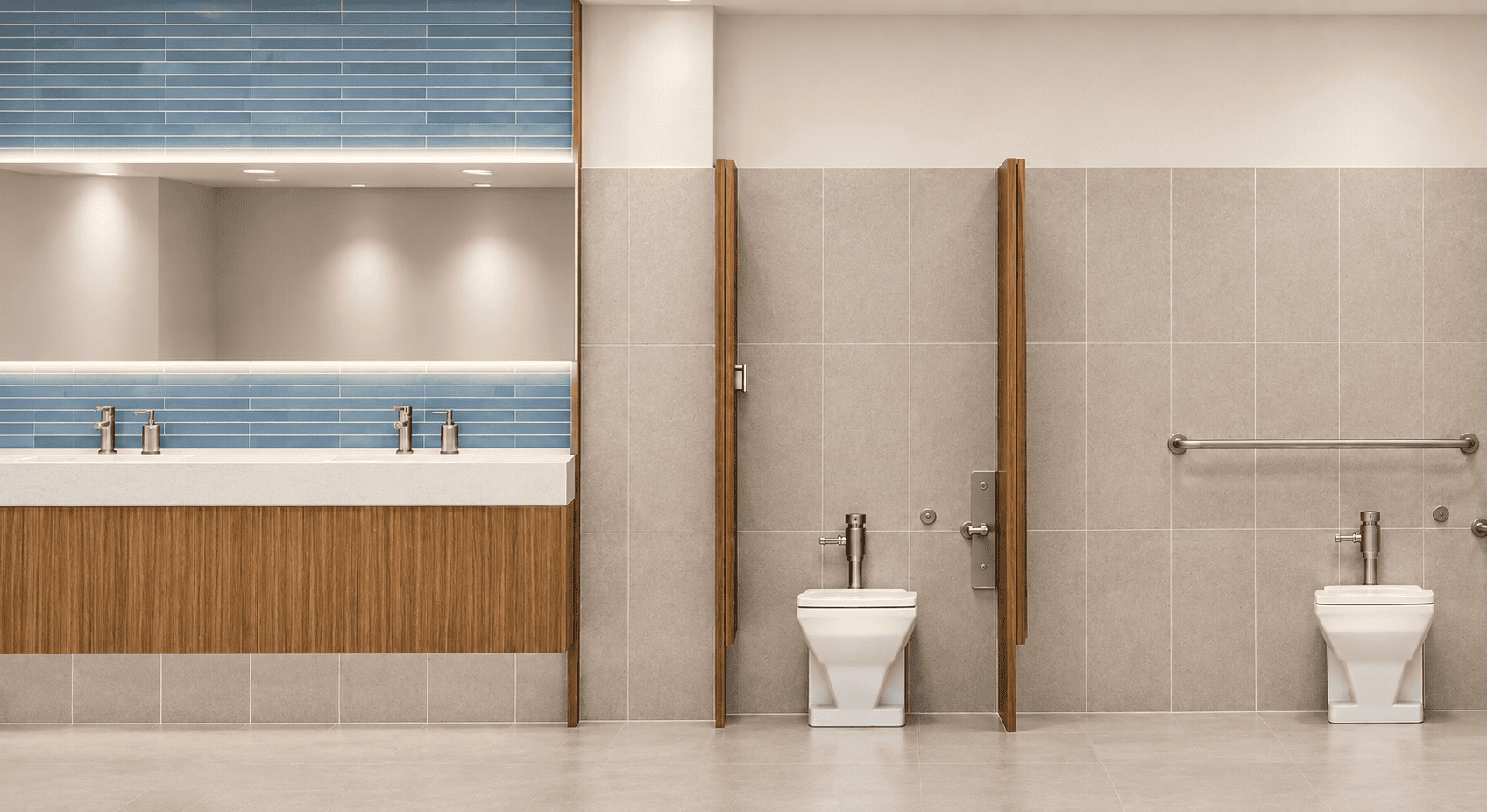 Modern Blue-Tile and Wood Restroom