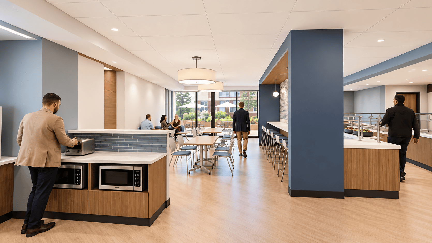 Modern Cafeteria Lounge with Patio Views