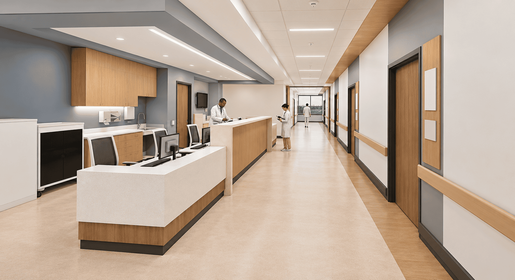 Modern Hospital Corridor and Nurse Station