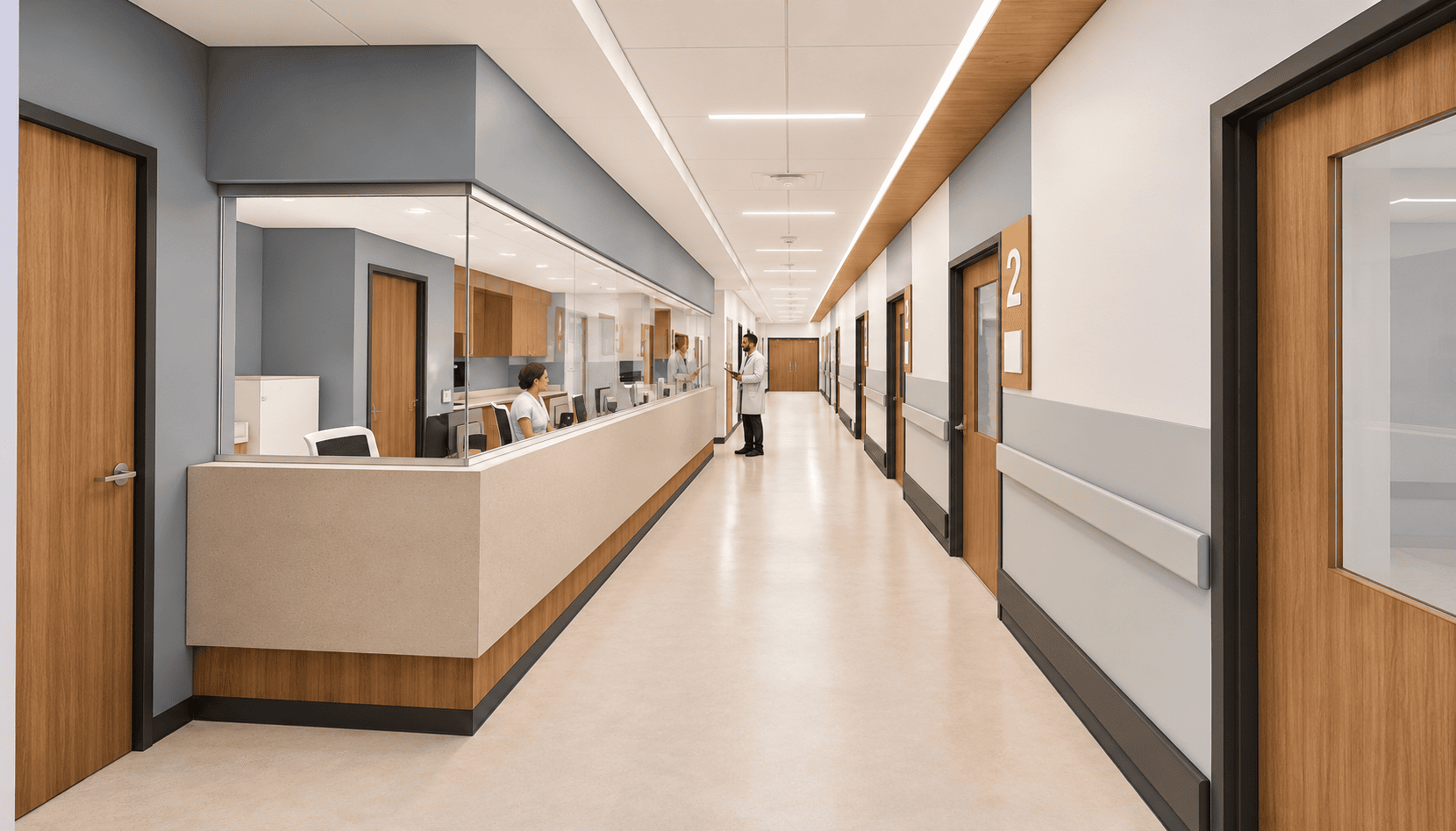 Modern Hospital Corridor with Nurses’ Station
